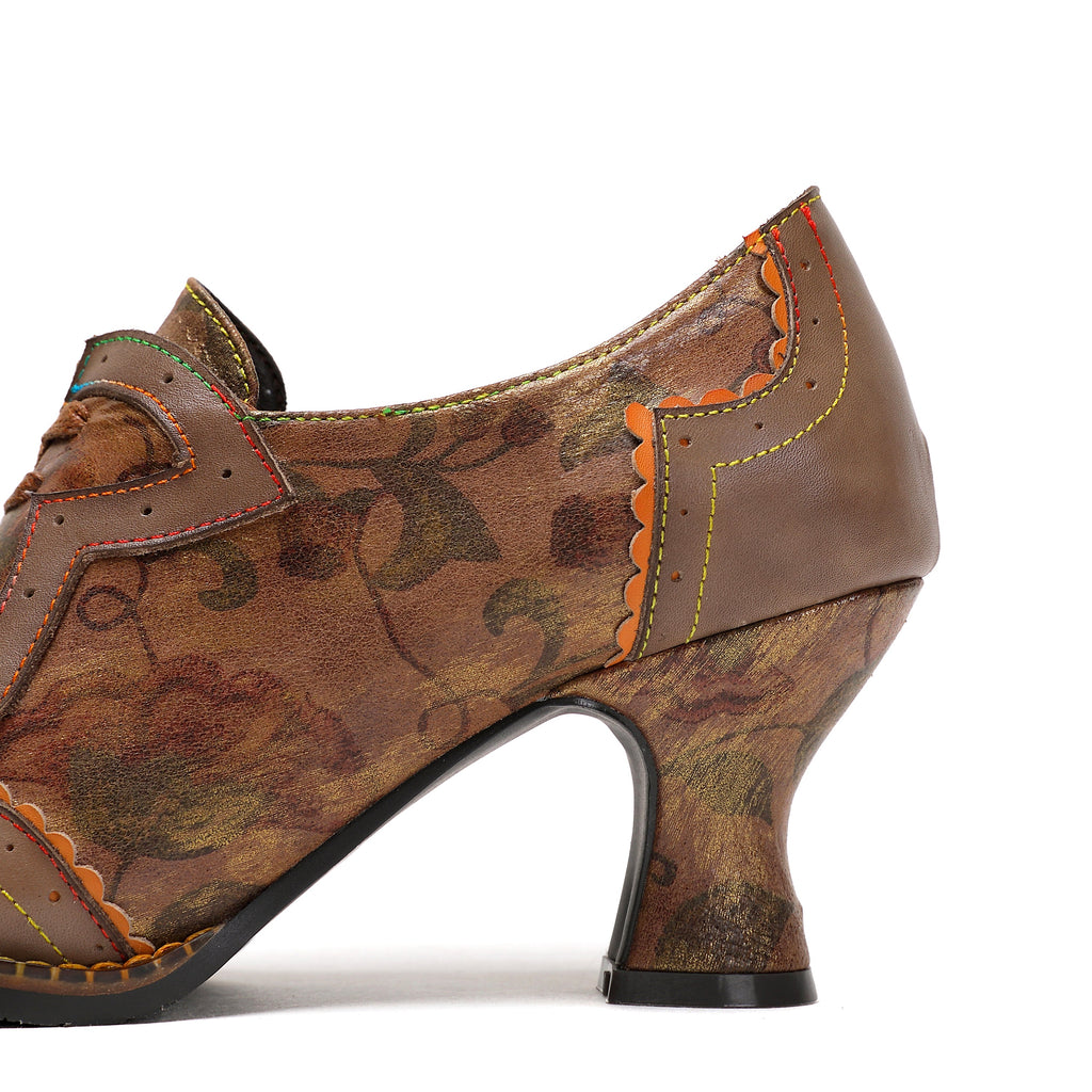 Women's Heels Handmade Shoes Vintage Wedding Party Floral Kitten Heel Round Toe Elegant Premium Leather Lace-up Taupe Shoes