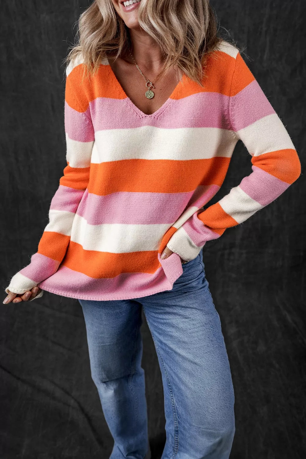 V-Neck Striped Color Block Knit Top