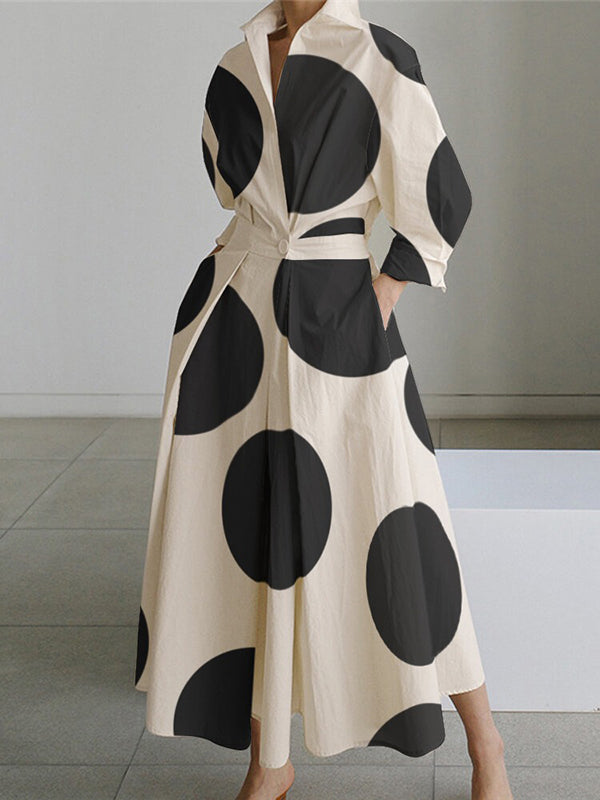 Long-Sleeve Loose Fit Polka Dot Shirt Dress with Contrast Color Accents and Tie-Waist Detail