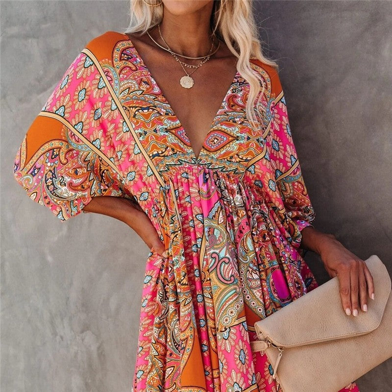 Stylish V-Neck Belted Print Dress