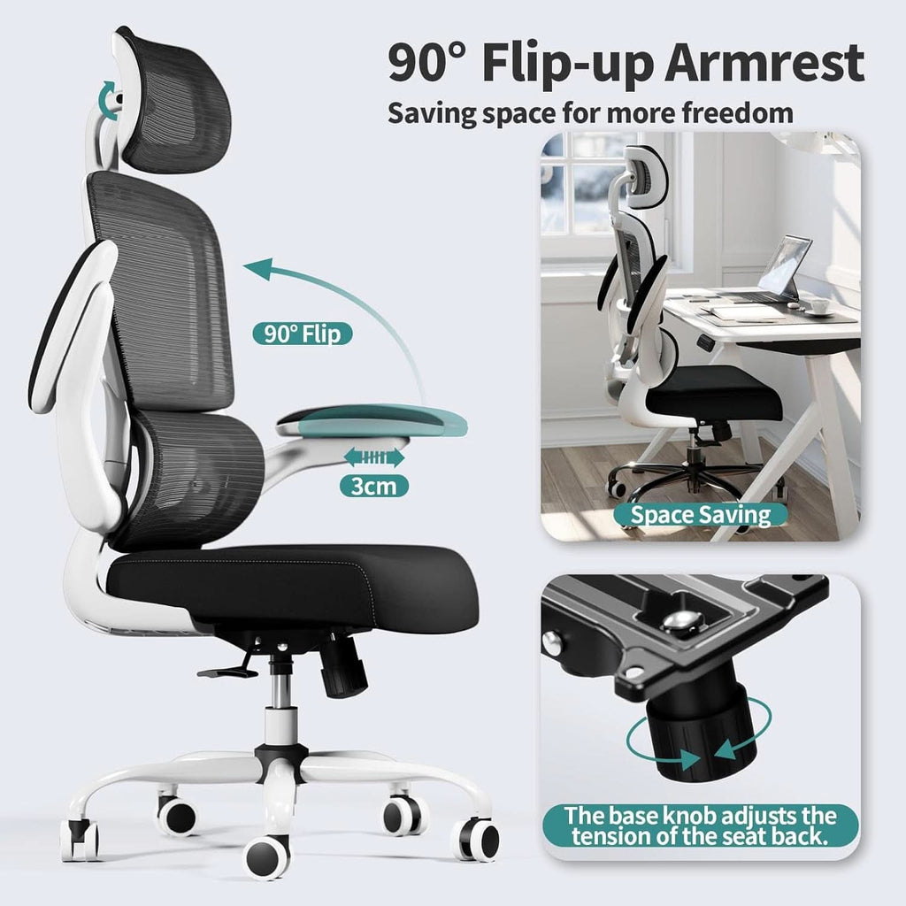 Silla de oficina ergonómica de malla con respaldo alto y ruedas, negra