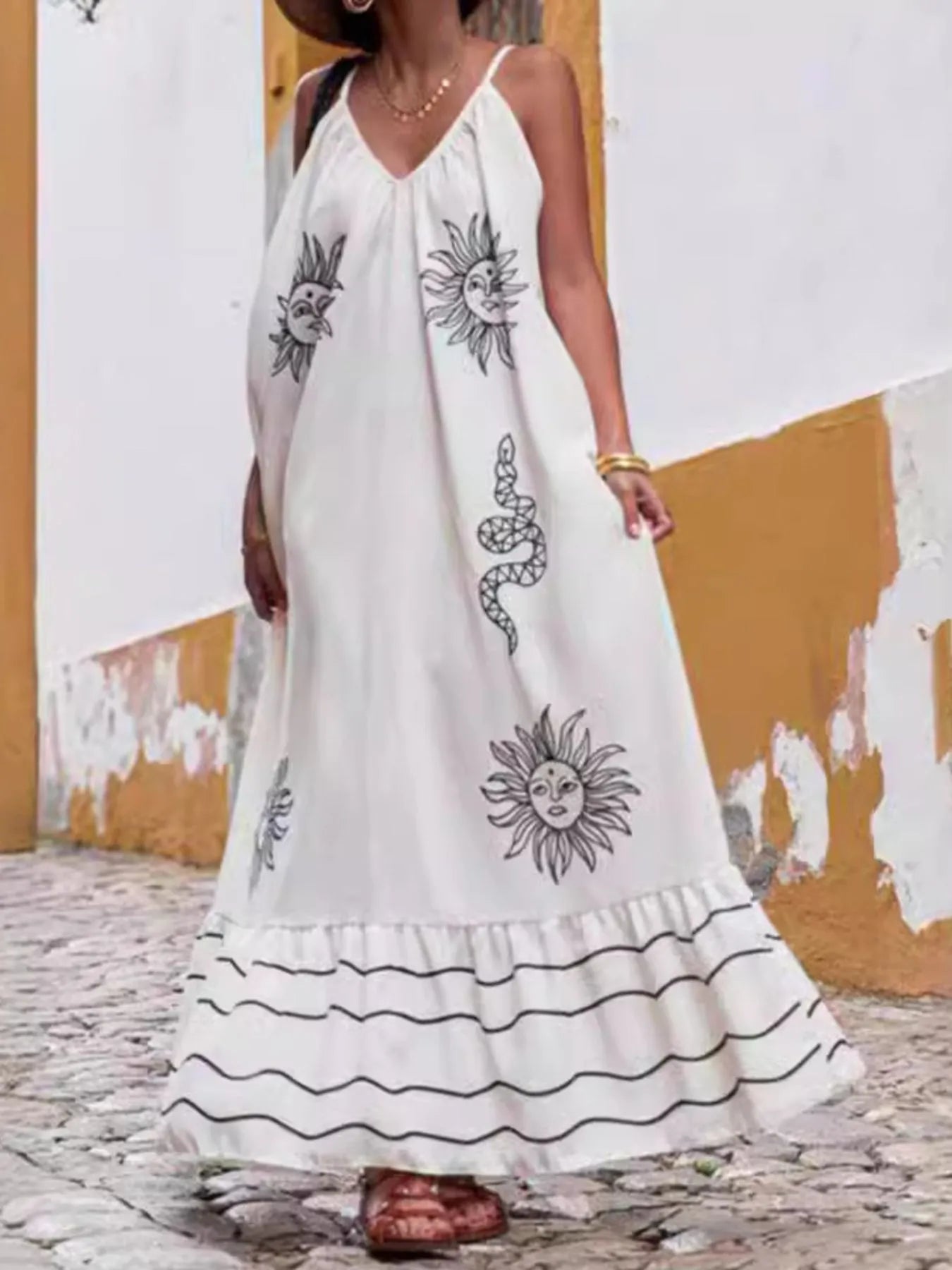 Bedrucktes sommerliches Maxikleid mit V-Ausschnitt