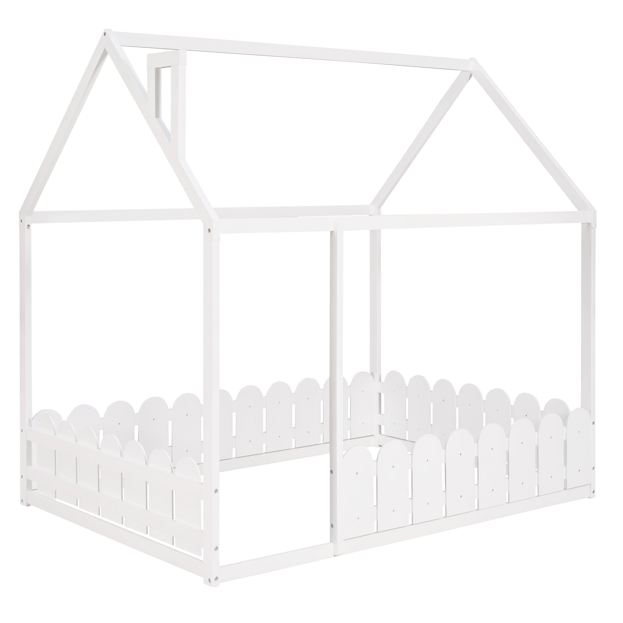 (Slats are not included) Full Size Wood Bed House Bed Frame with Fence,for Kids,Teens,Girls,Boys (White )(OLD SKU:WF281294AAK)
