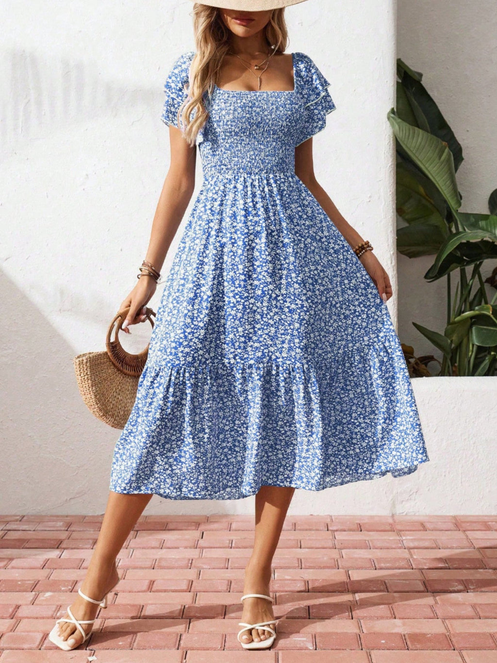 Floral Print Smocked Ruffle Sleeves Dress