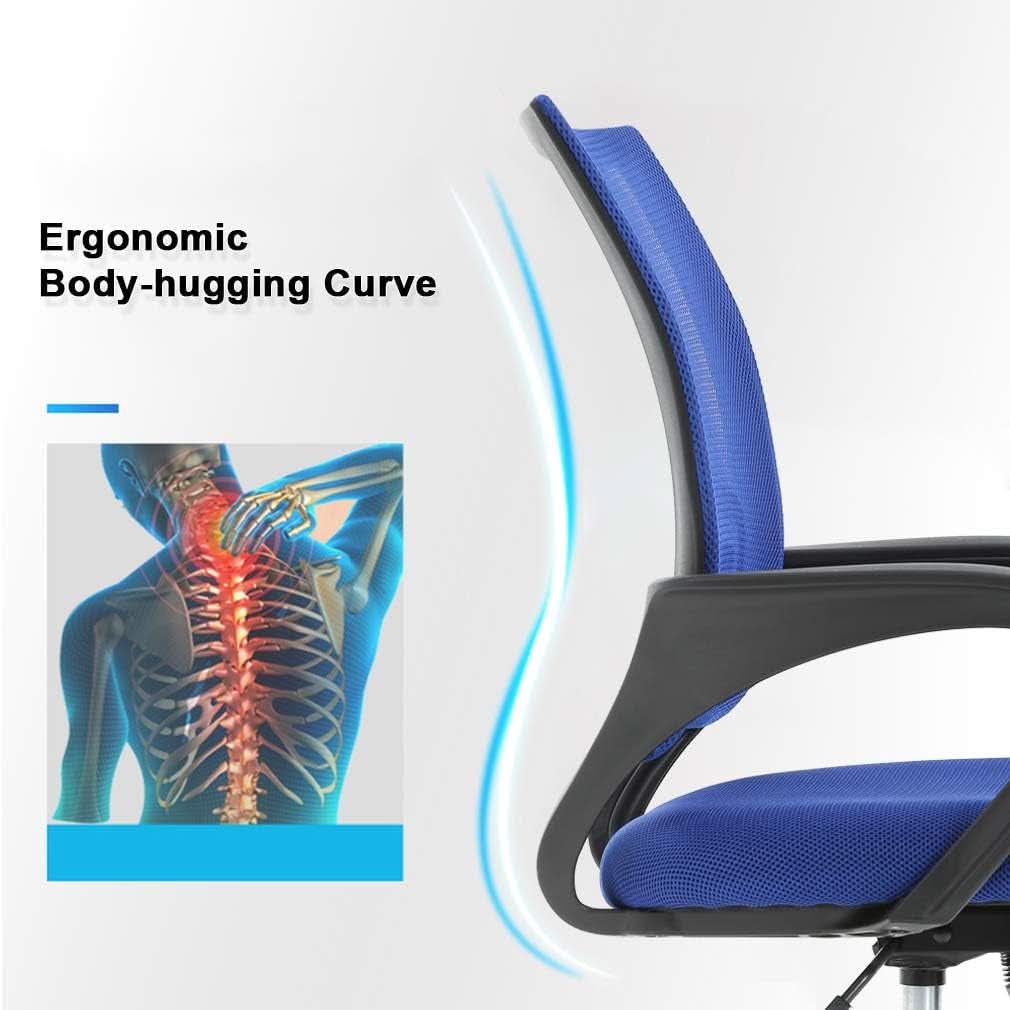 Silla de oficina ergonómica de malla azul con soporte lumbar