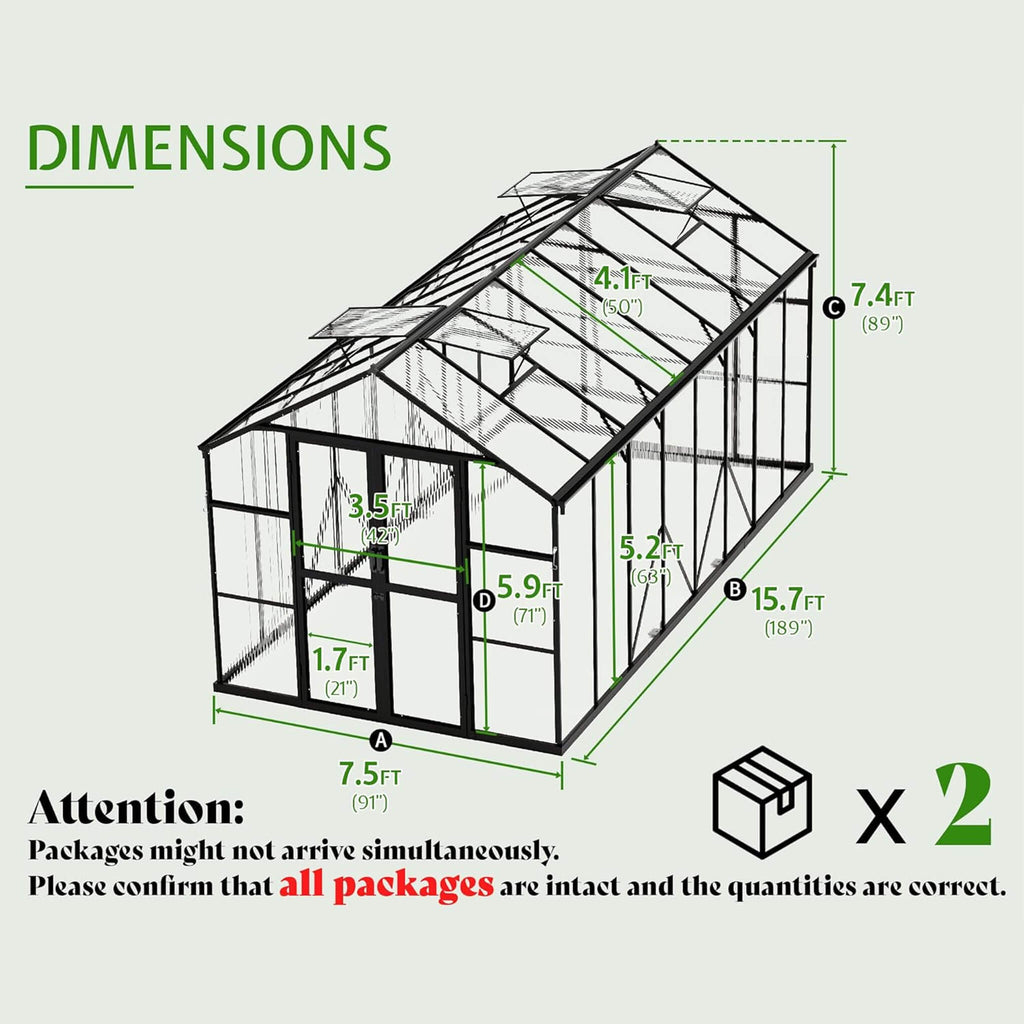 [08X16FT] Premium Polycarbonate Outdoor Walk-In Patio Greenhouse With Double Swing Doors, 4MM (SAK79206)
