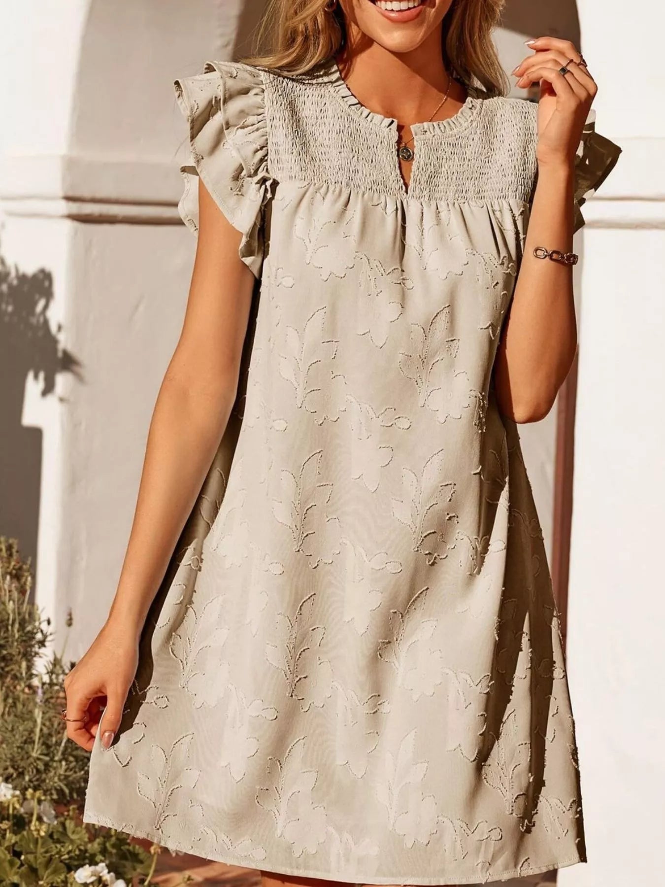 Floral Embossed Ruffle Sleeve Mini Dress