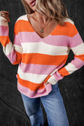V-Neck Striped Color Block Knit Top