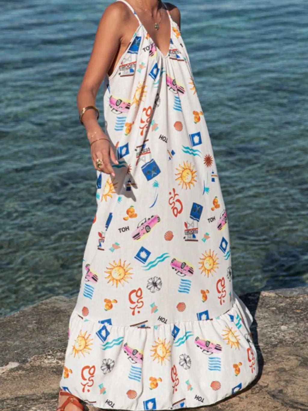 Bedrucktes sommerliches Maxikleid mit V-Ausschnitt
