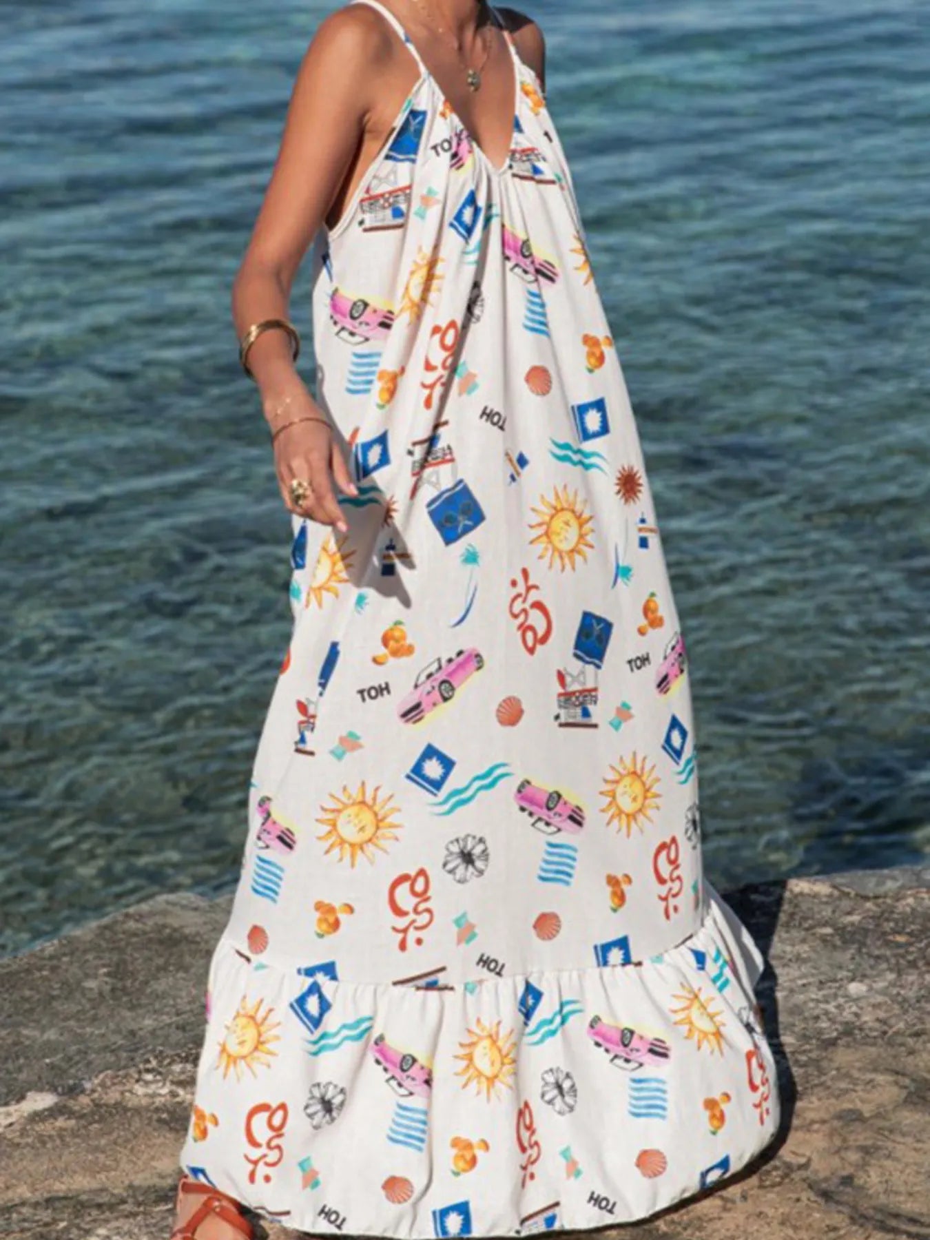 Bedrucktes sommerliches Maxikleid mit V-Ausschnitt