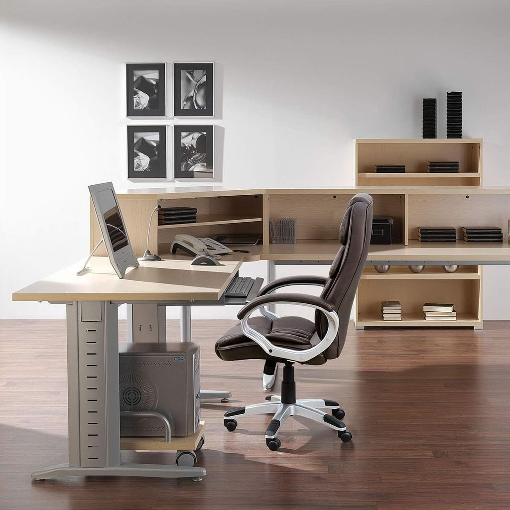 Sillón de oficina ergonómico con respaldo alto, lumbar, de cuero sintético marrón