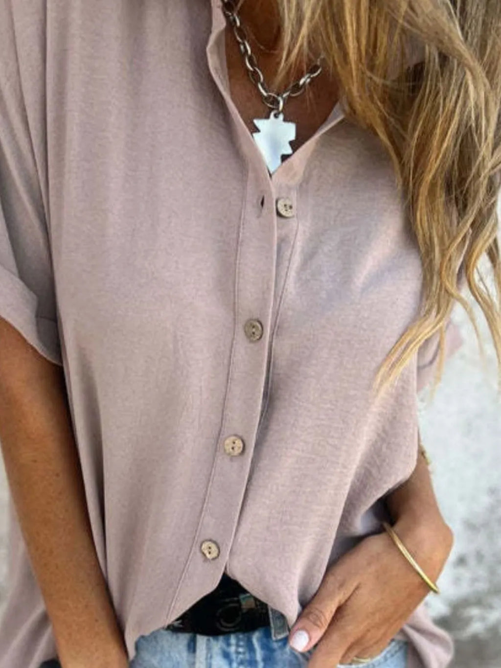 Full Size Collared Neck Half Sleeve Shirt Plus Size