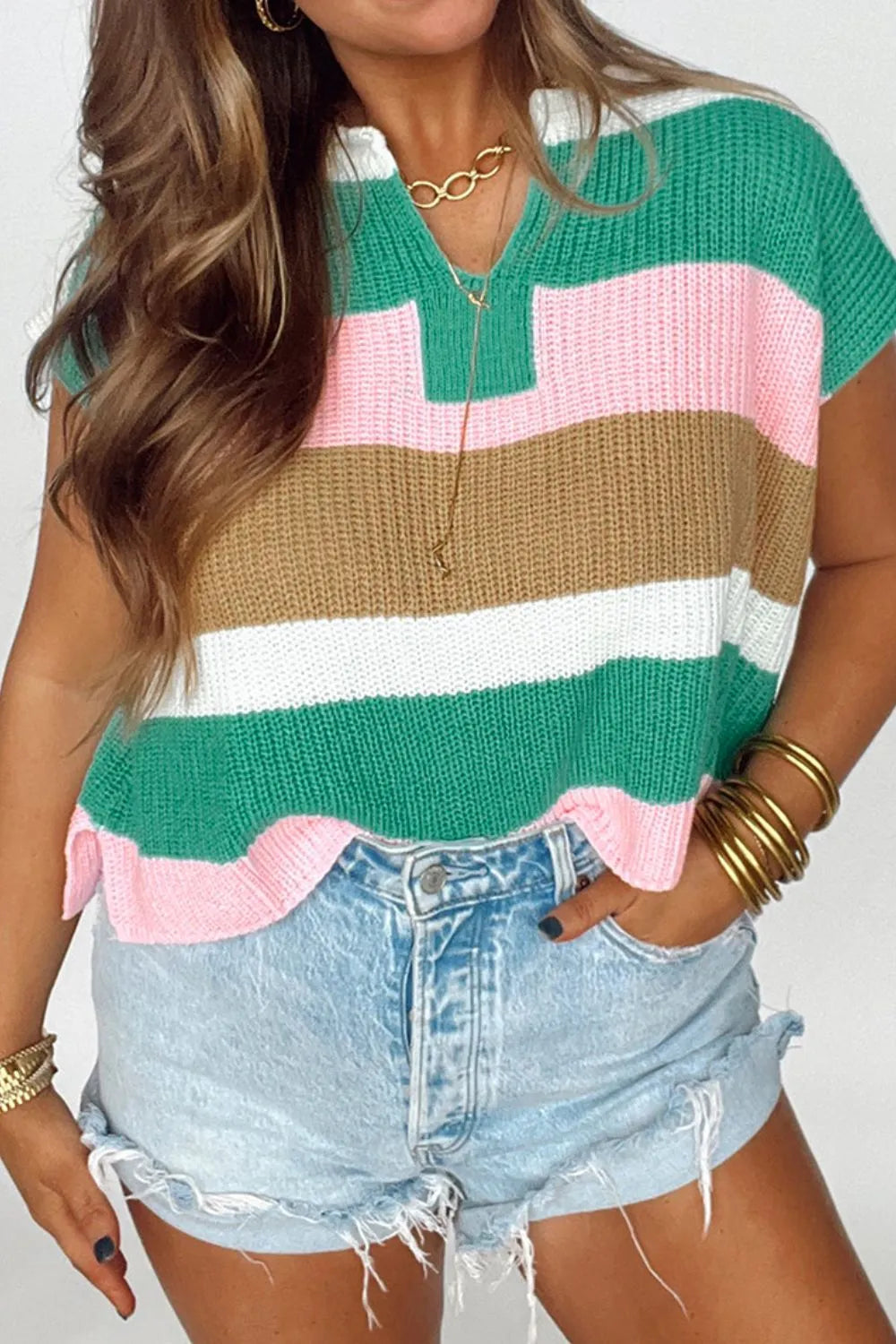 Color Block Notched Cap Sleeve Knit Top