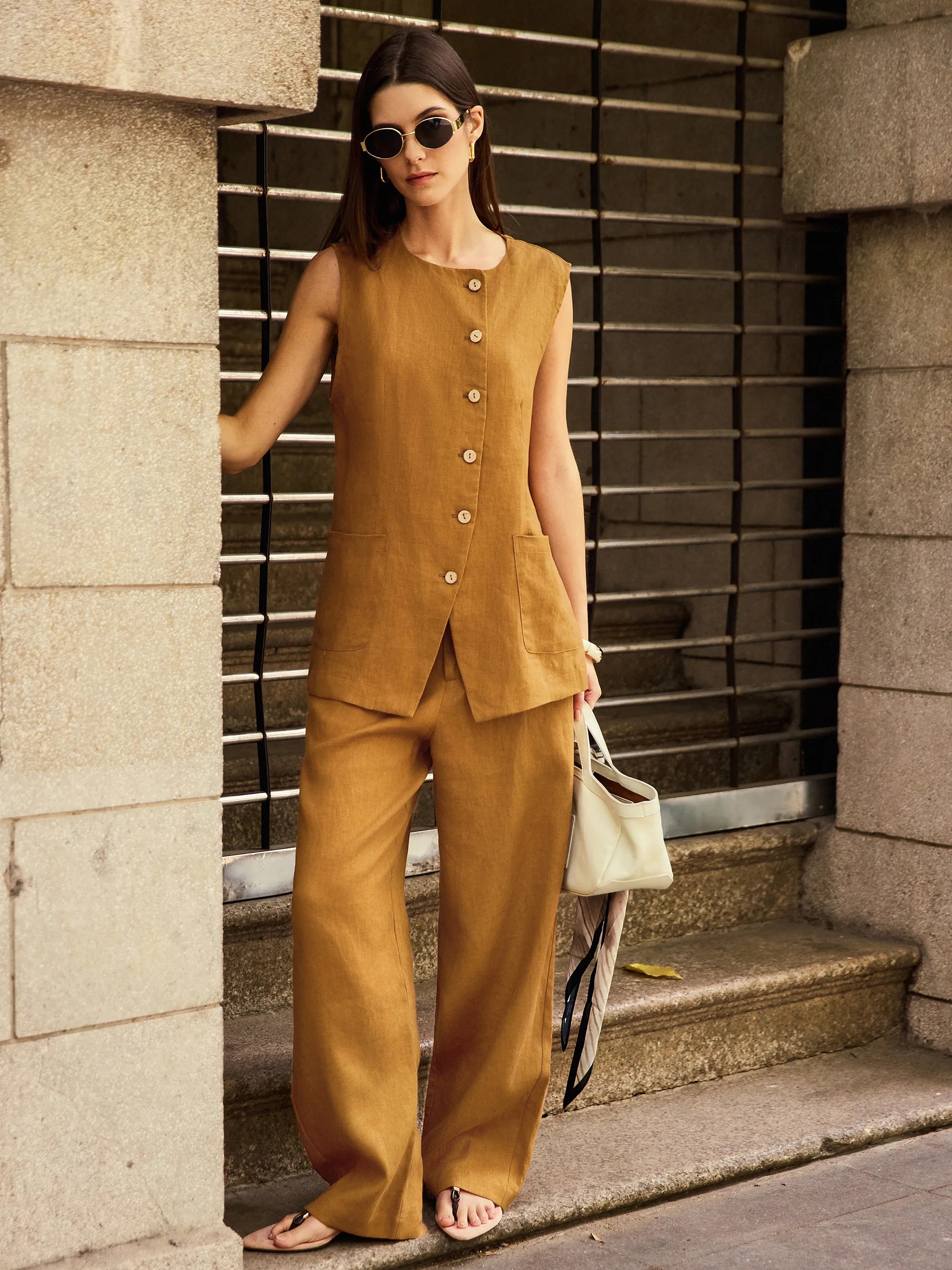 Pantalones 100% lino corte banana con bolsillos EDELINE