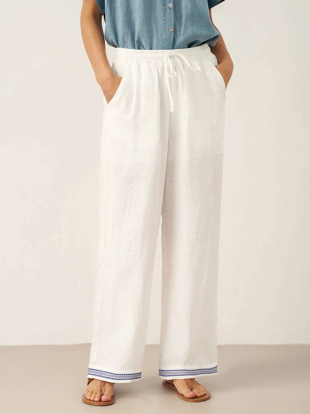 Pantalón FENE 100% lino bordado con cintura elástica