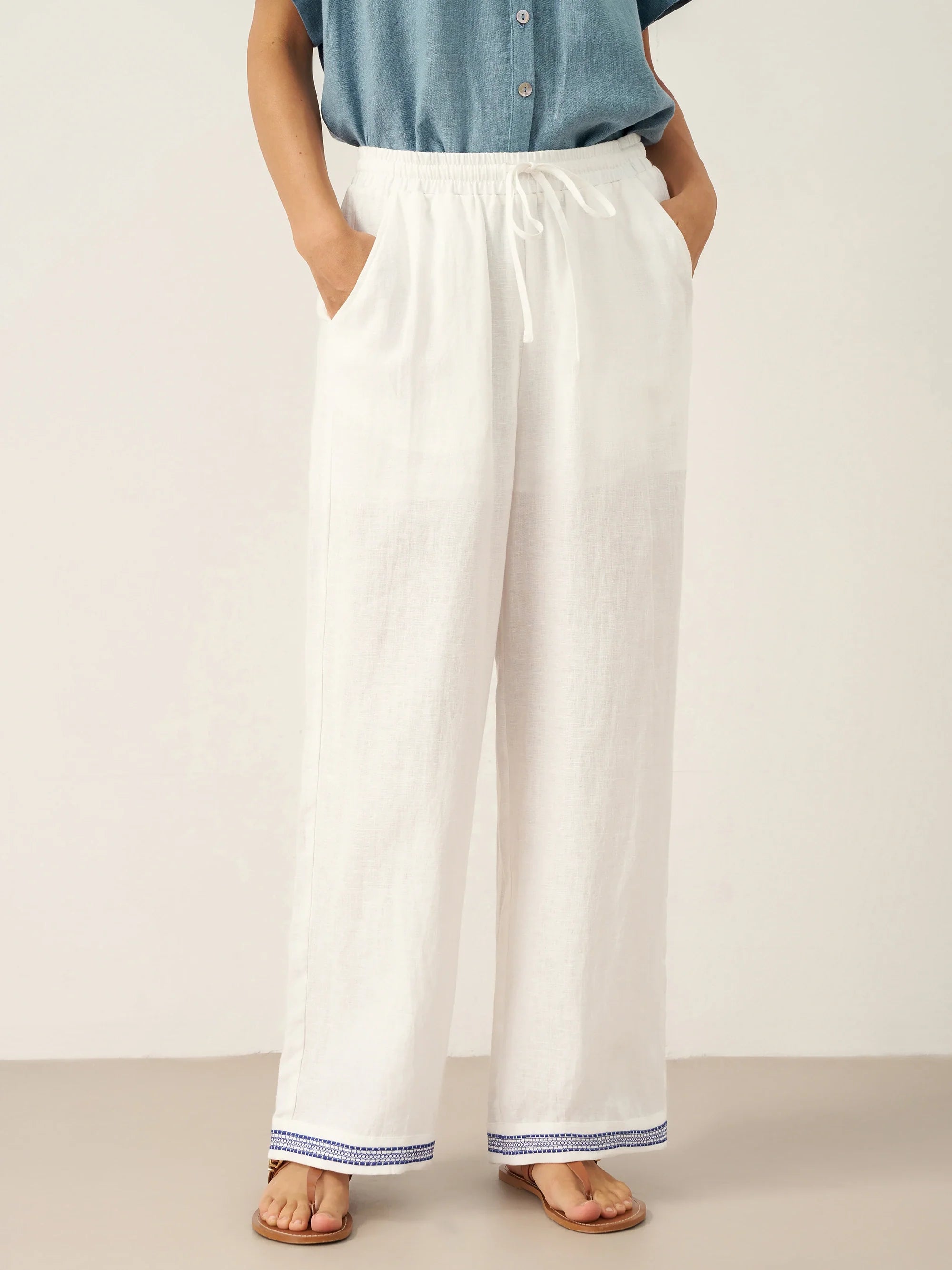 Pantalón FENE 100% lino bordado con cintura elástica