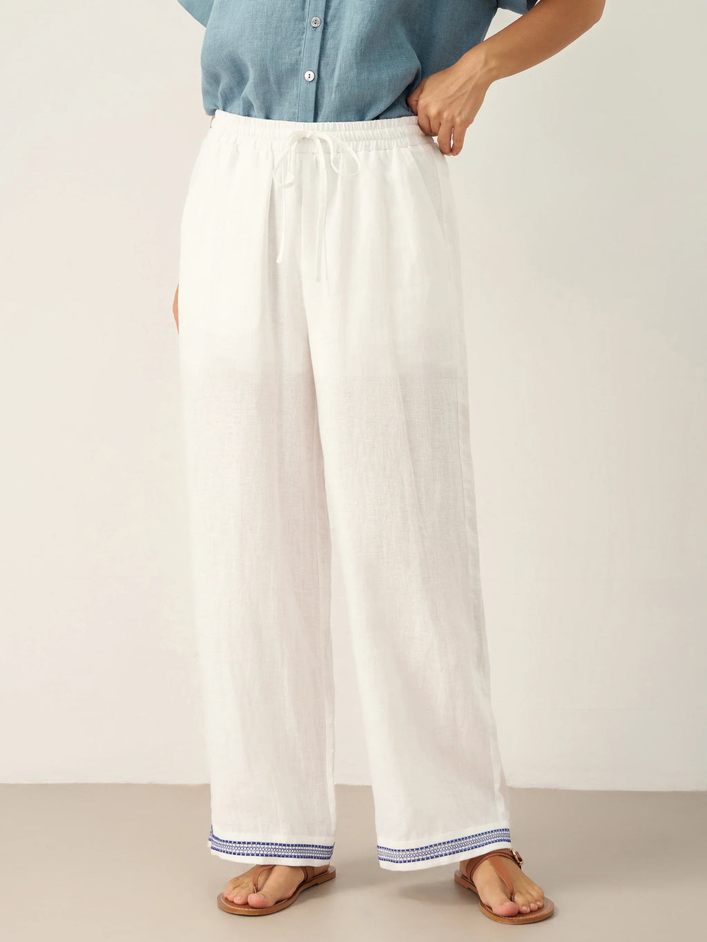 Pantalón FENE 100% lino bordado con cintura elástica