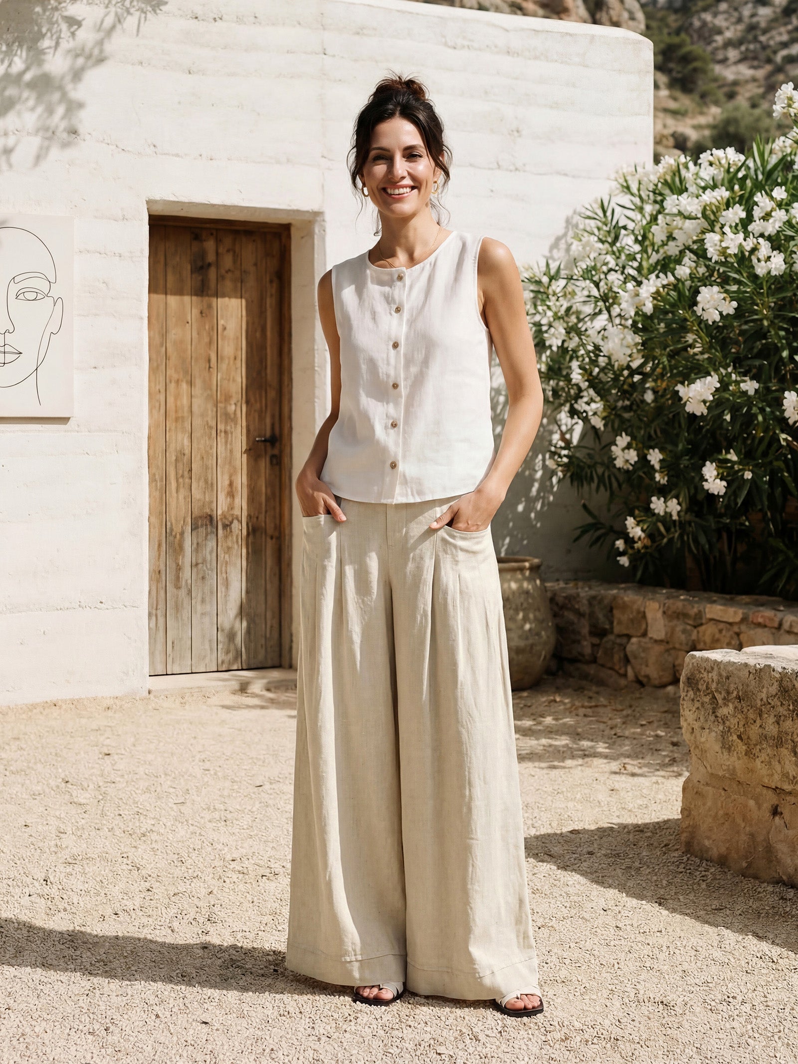 Pantalones VERIDIANA de lino 100% con pliegues esculpidos y espalda elástica, de corte relajado