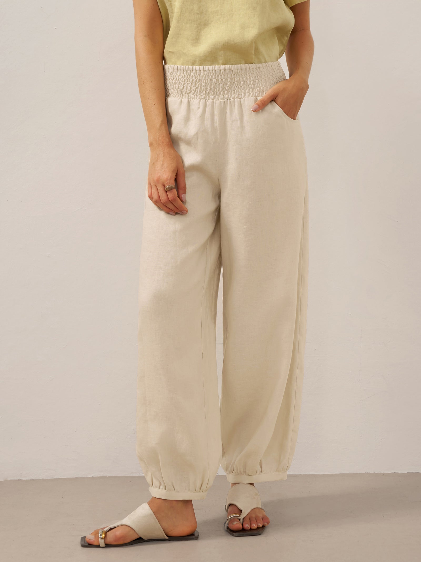 Pantalones 100% lino con cintura ancha elástica TALIA