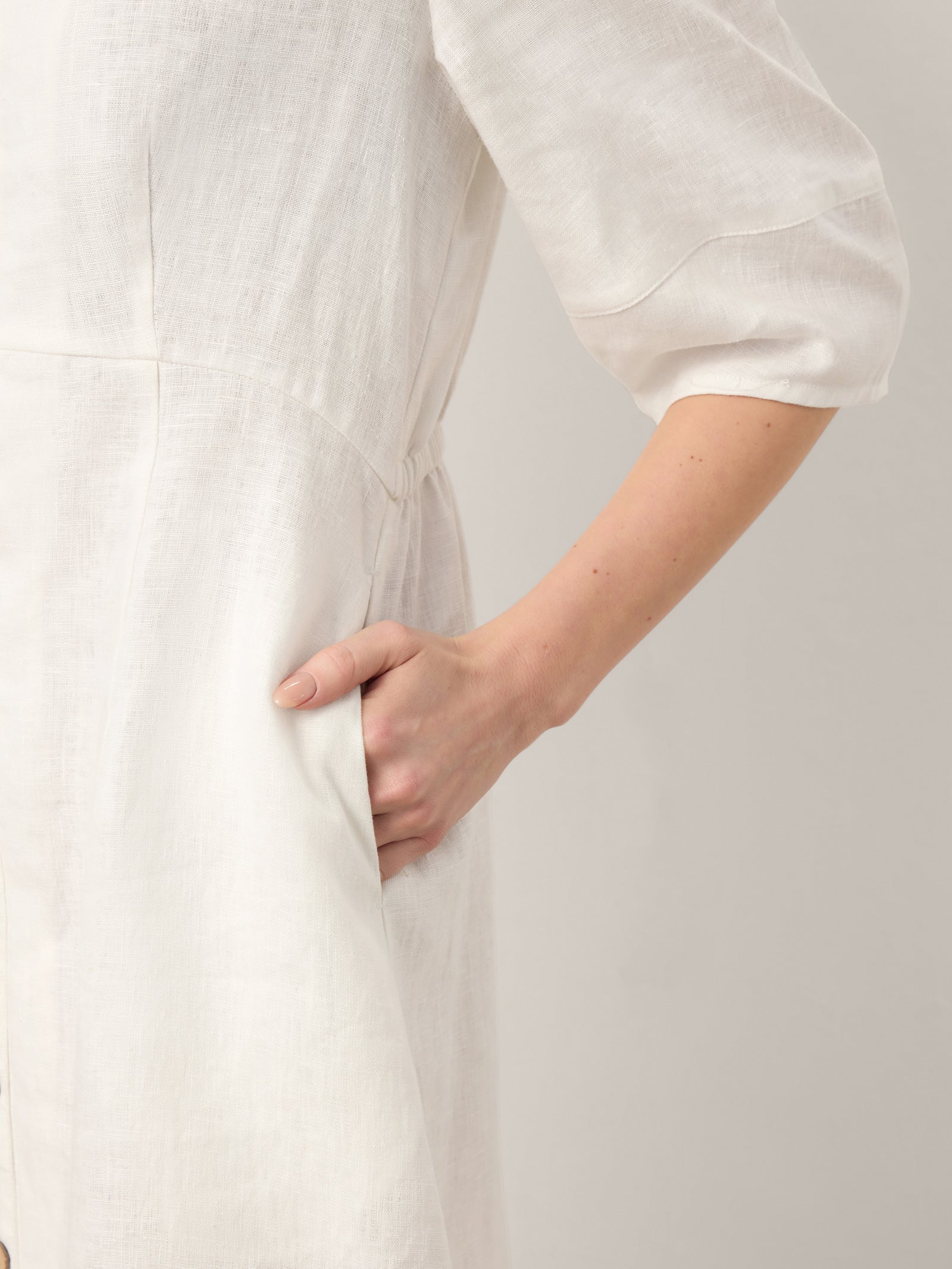 100% Linen Button-Front Lantern Sleeve Elasticated Waist Midi Dress LINNEA