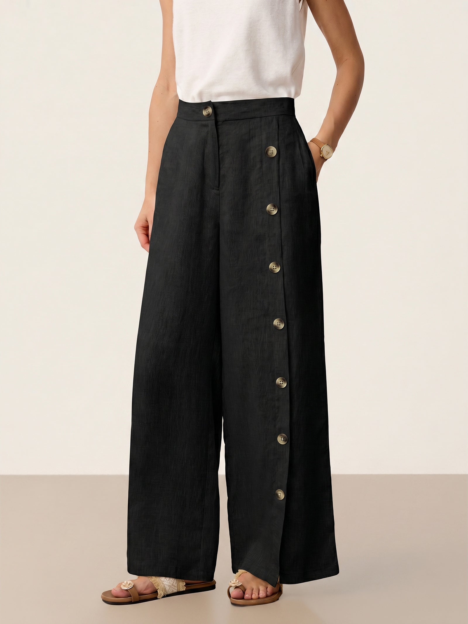 Pantalones KATYA de lino 100 % con aberturas y botones