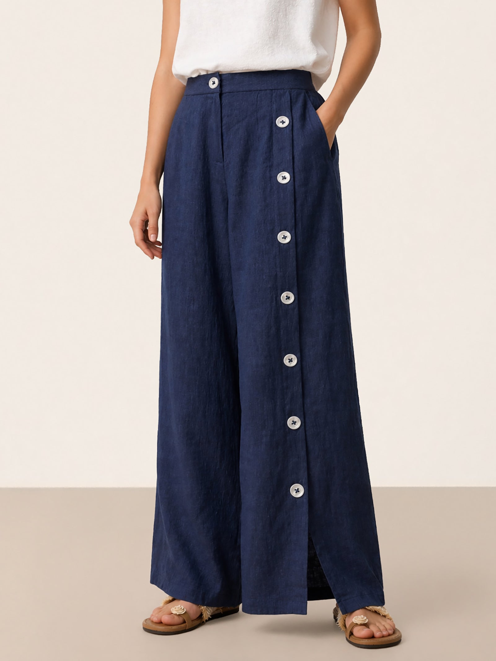 Pantalones KATYA de lino 100 % con aberturas y botones
