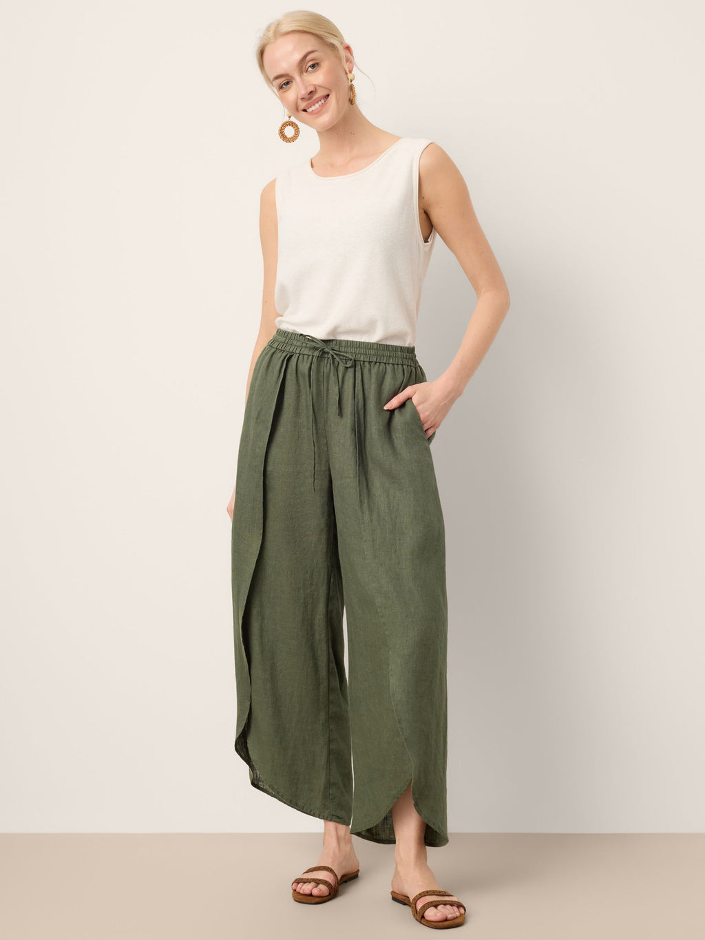 Pantalones Anchos con Cordón, Capas y Aberturas de Lino 100% PEREGRINE