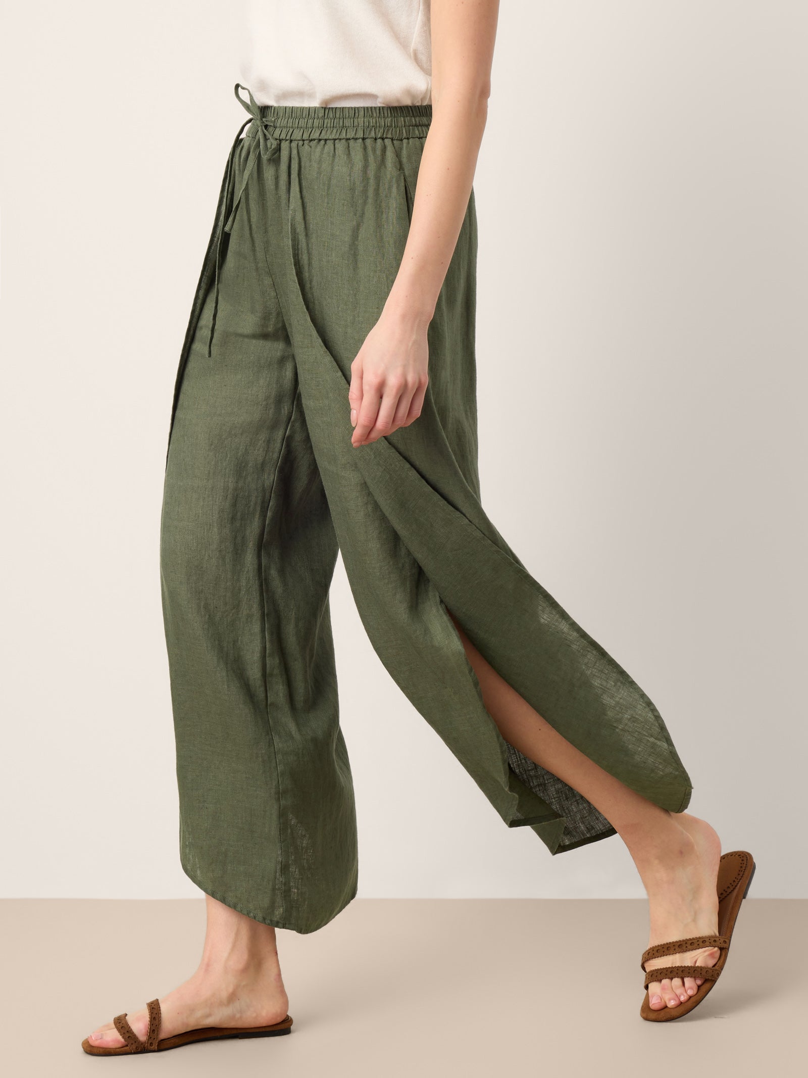 Pantalones Anchos con Cordón, Capas y Aberturas de Lino 100% PEREGRINE