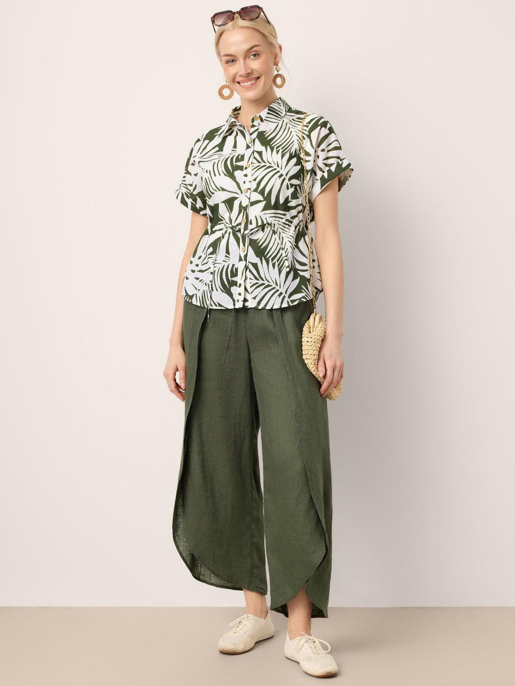 Pantalones Anchos con Cordón, Capas y Aberturas de Lino 100% PEREGRINE