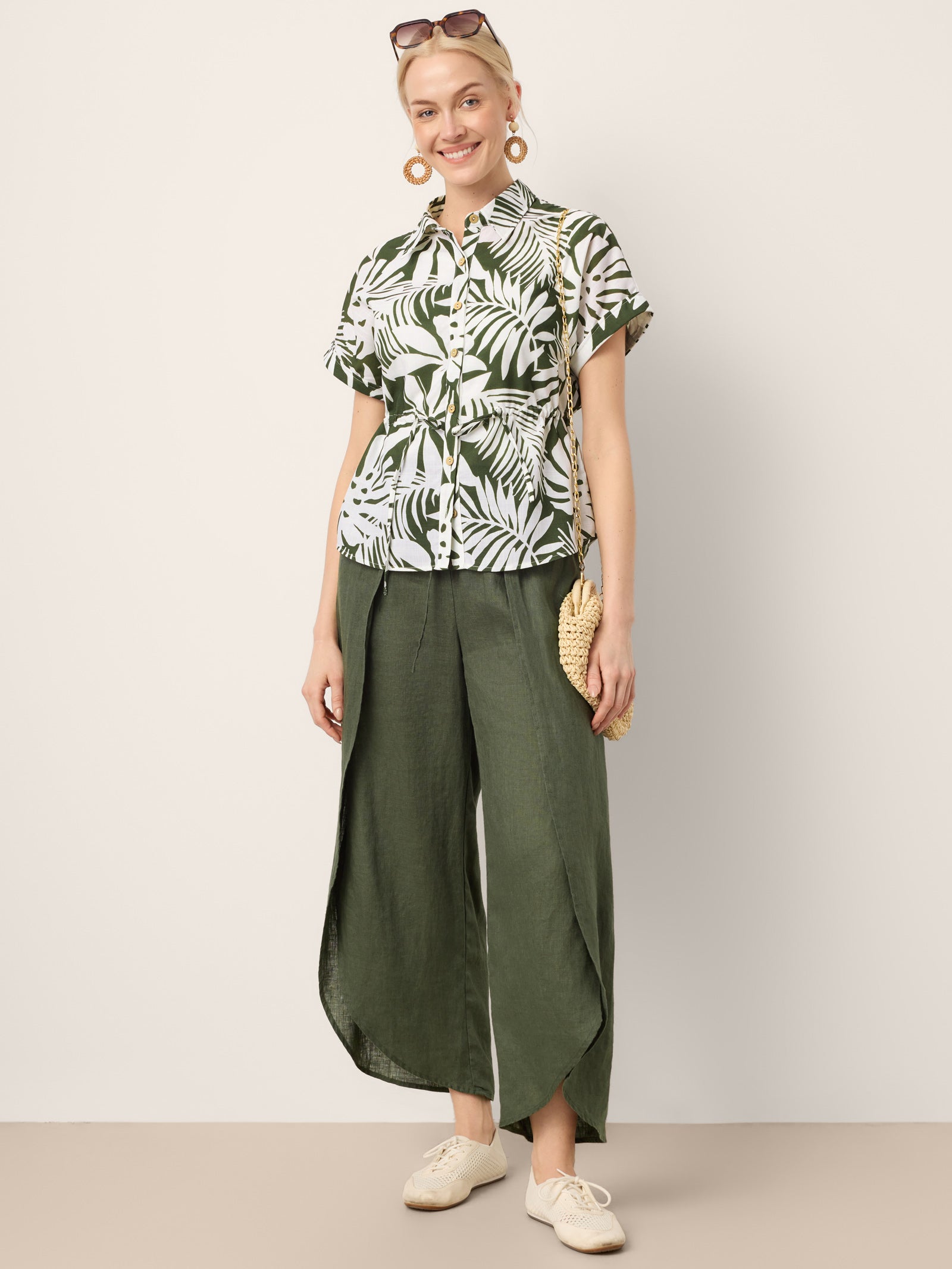 Pantalones Anchos con Cordón, Capas y Aberturas de Lino 100% PEREGRINE