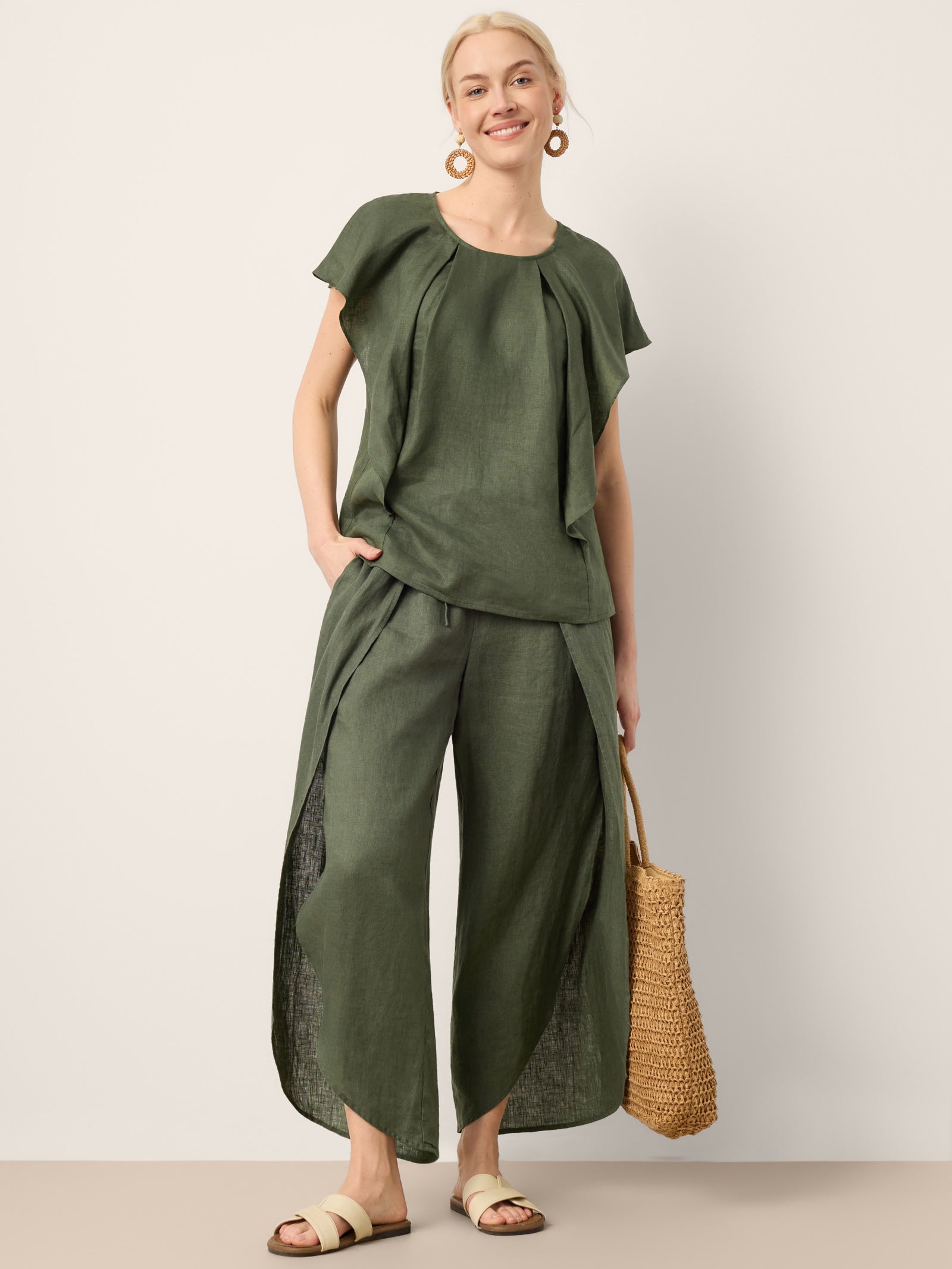 Pantalones Anchos con Cordón, Capas y Aberturas de Lino 100% PEREGRINE