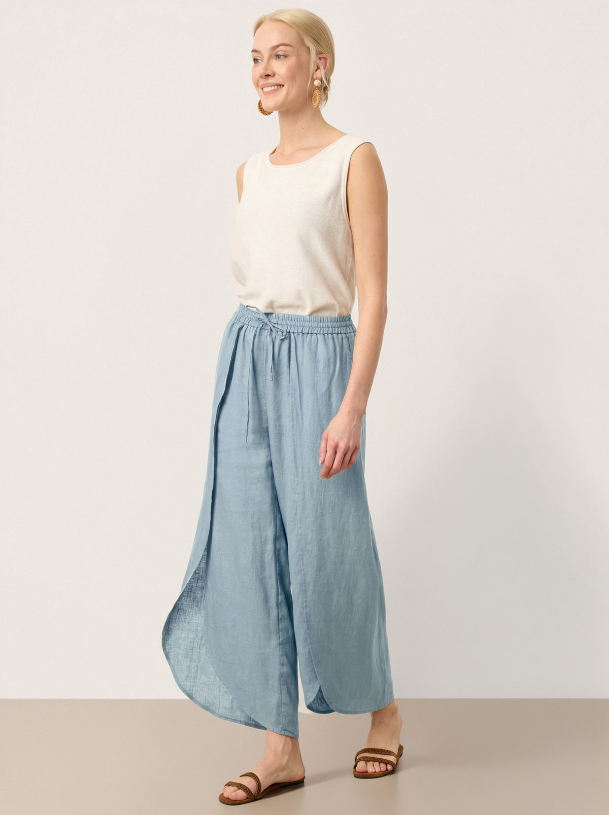 Pantalones Anchos con Cordón, Capas y Aberturas de Lino 100% PEREGRINE