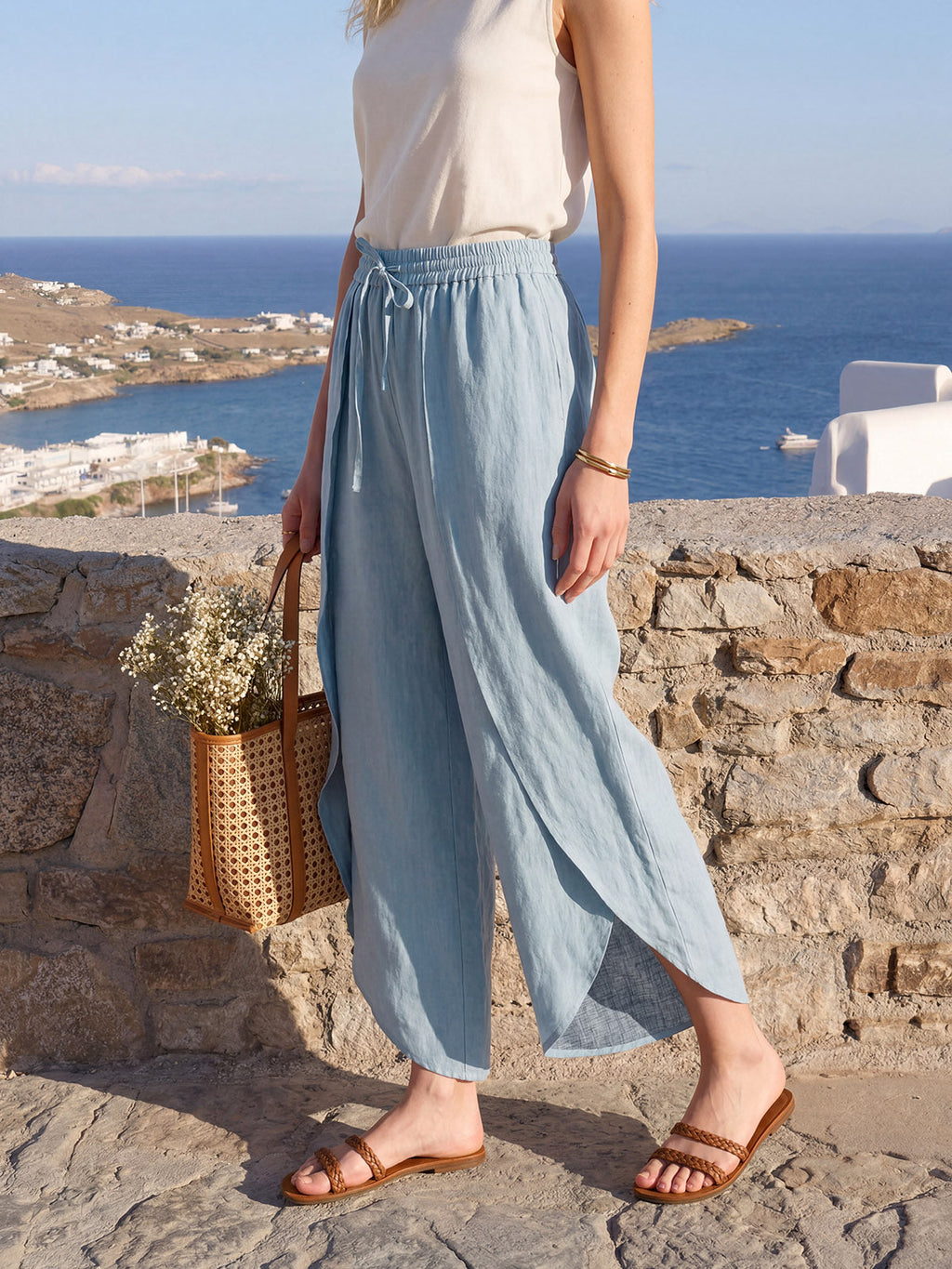 Pantalones Anchos con Cordón, Capas y Aberturas de Lino 100% PEREGRINE