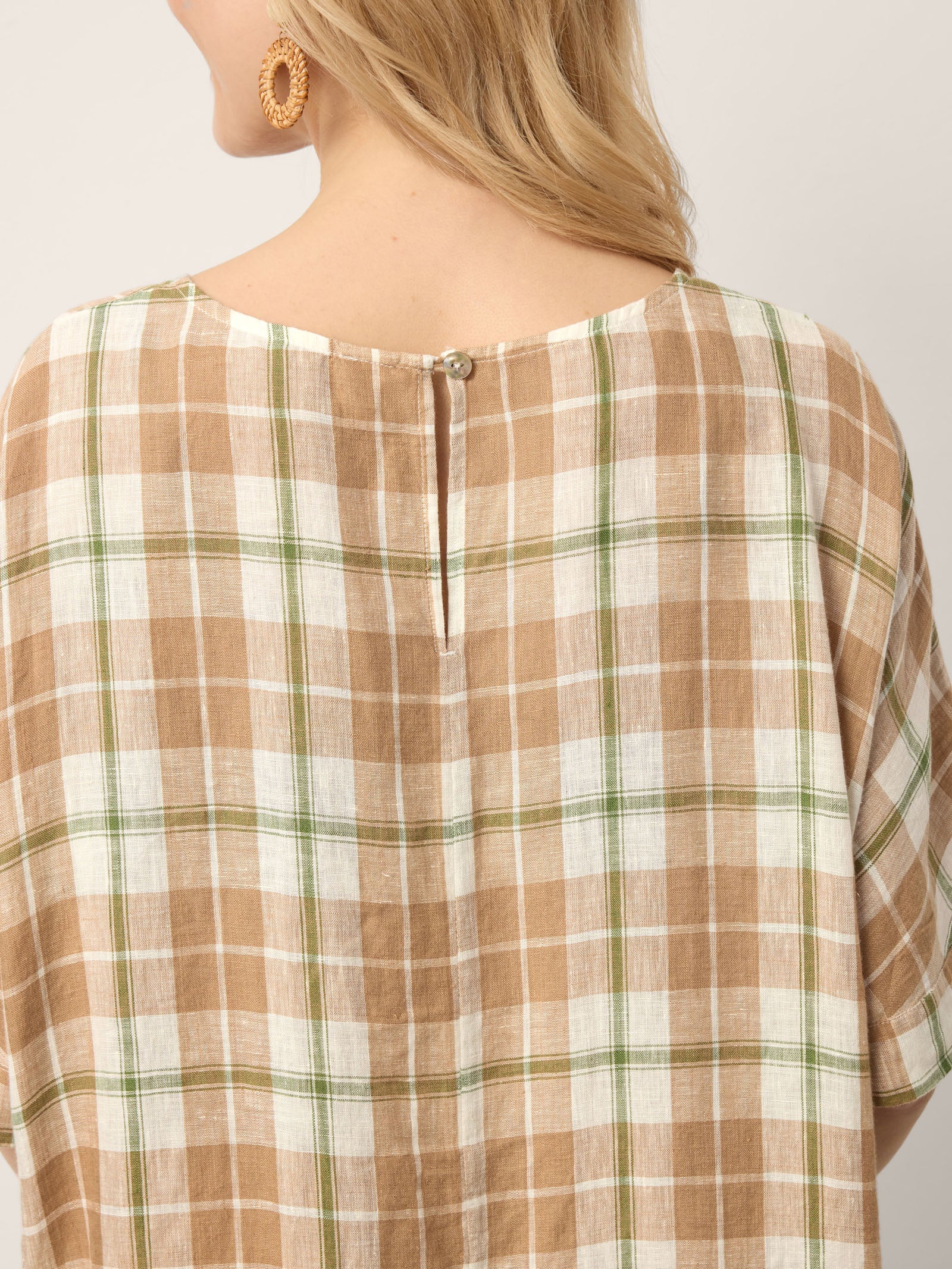 100% Linen Plaid Deep V-Neck Drop Shoulder Side Slit Maxi Dress LESLIE