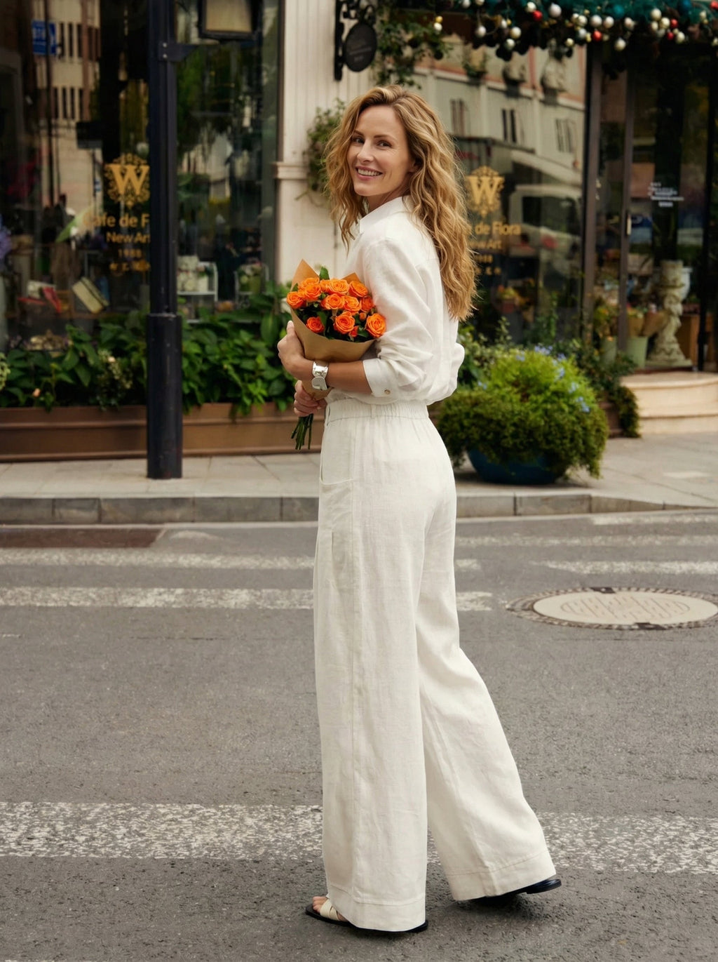 Pantalones VERIDIANA de lino 100% con pliegues esculpidos y espalda elástica, de corte relajado