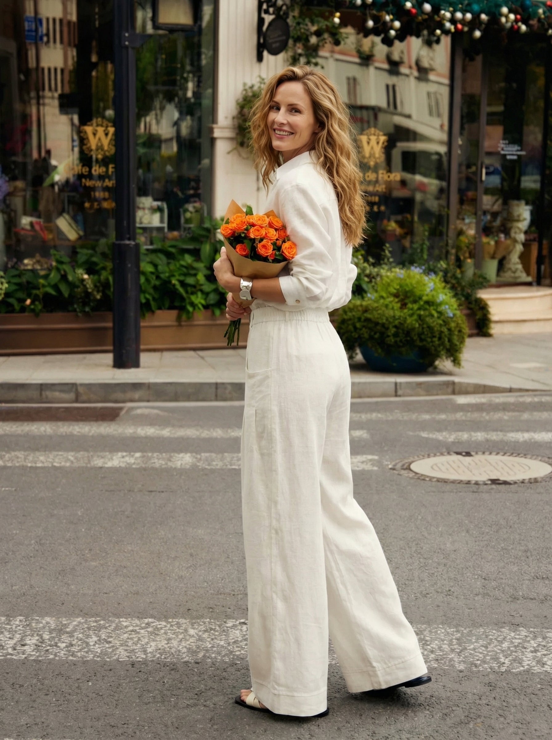 Pantalones VERIDIANA de lino 100% con pliegues esculpidos y espalda elástica, de corte relajado