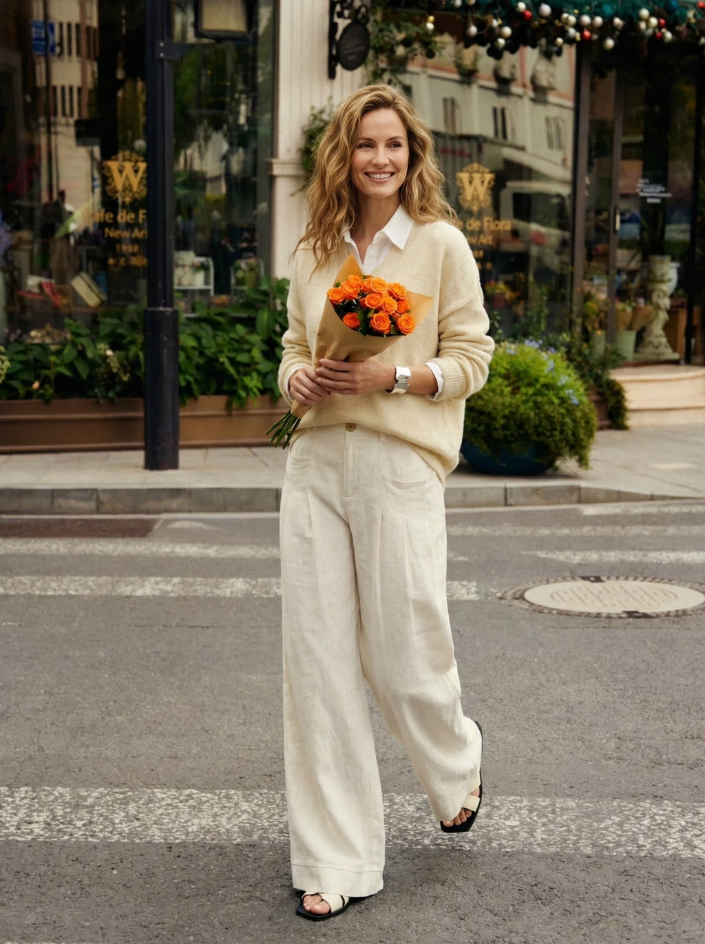 Pantalones VERIDIANA de lino 100% con pliegues esculpidos y espalda elástica, de corte relajado