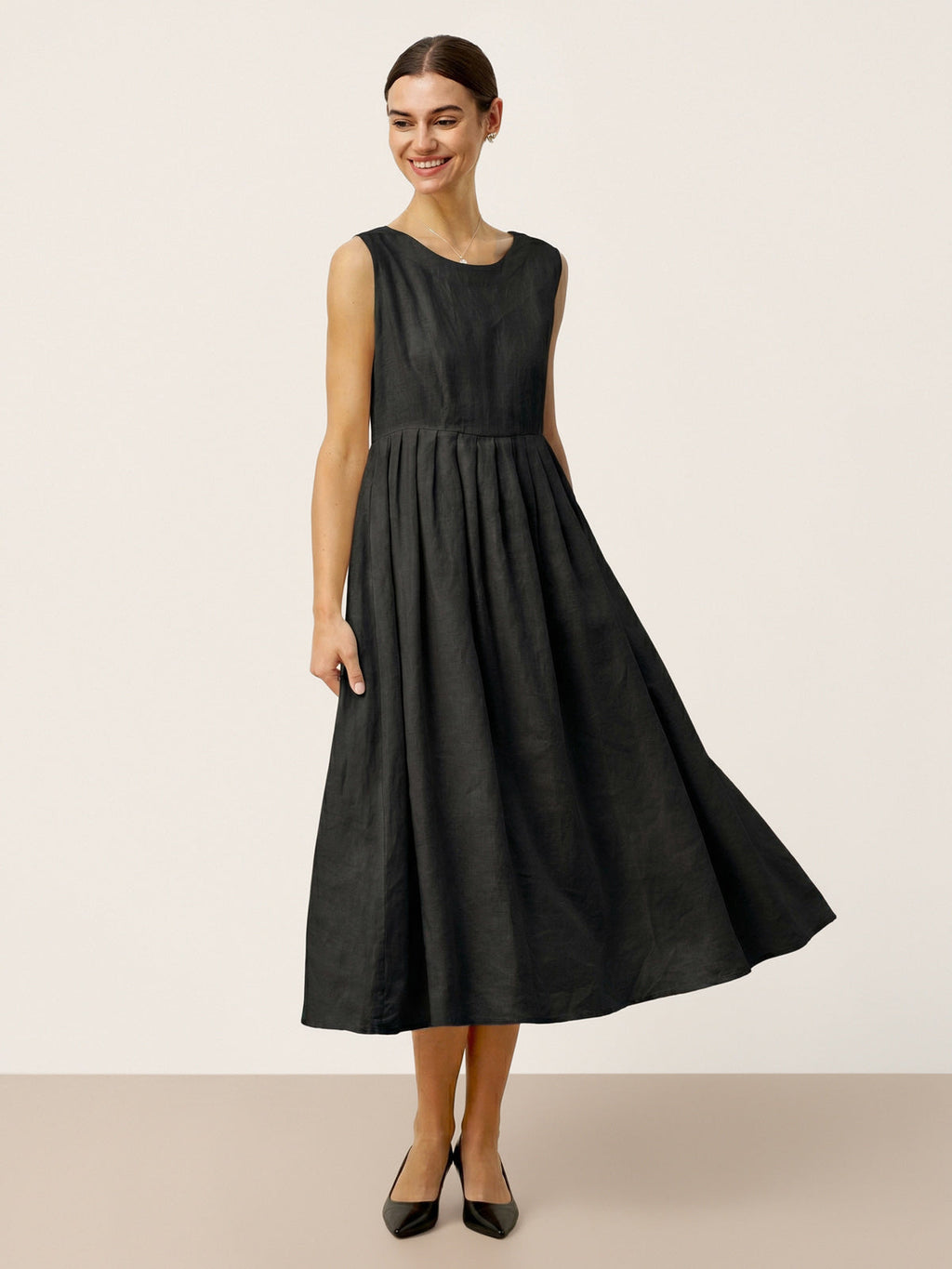 100% Linen Sleeveless Crew Neck Waist Pleated Maxi Dress SELENE