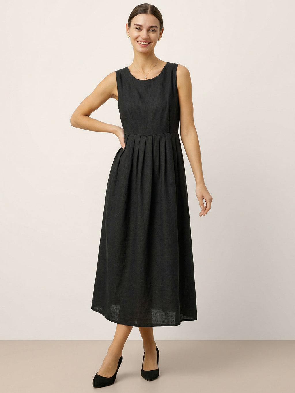 100% Linen Sleeveless Crew Neck Waist Pleated Maxi Dress SELENE