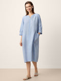 100% Linen Split-Neck Patch-Pocket Midi Dress KALINA