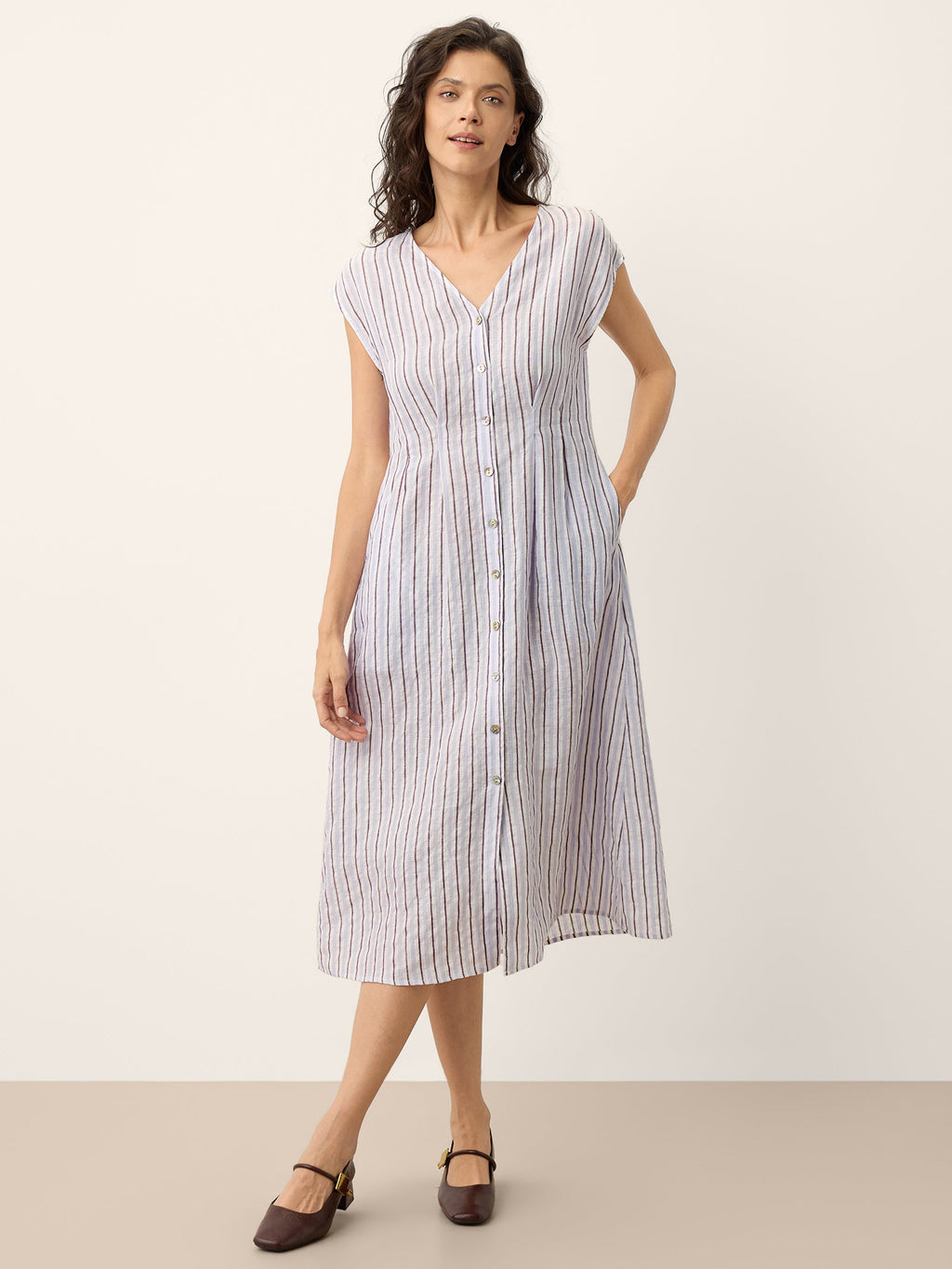 100% Linen Striped Tailored Cap Sleeve Maxi Dress AGNES