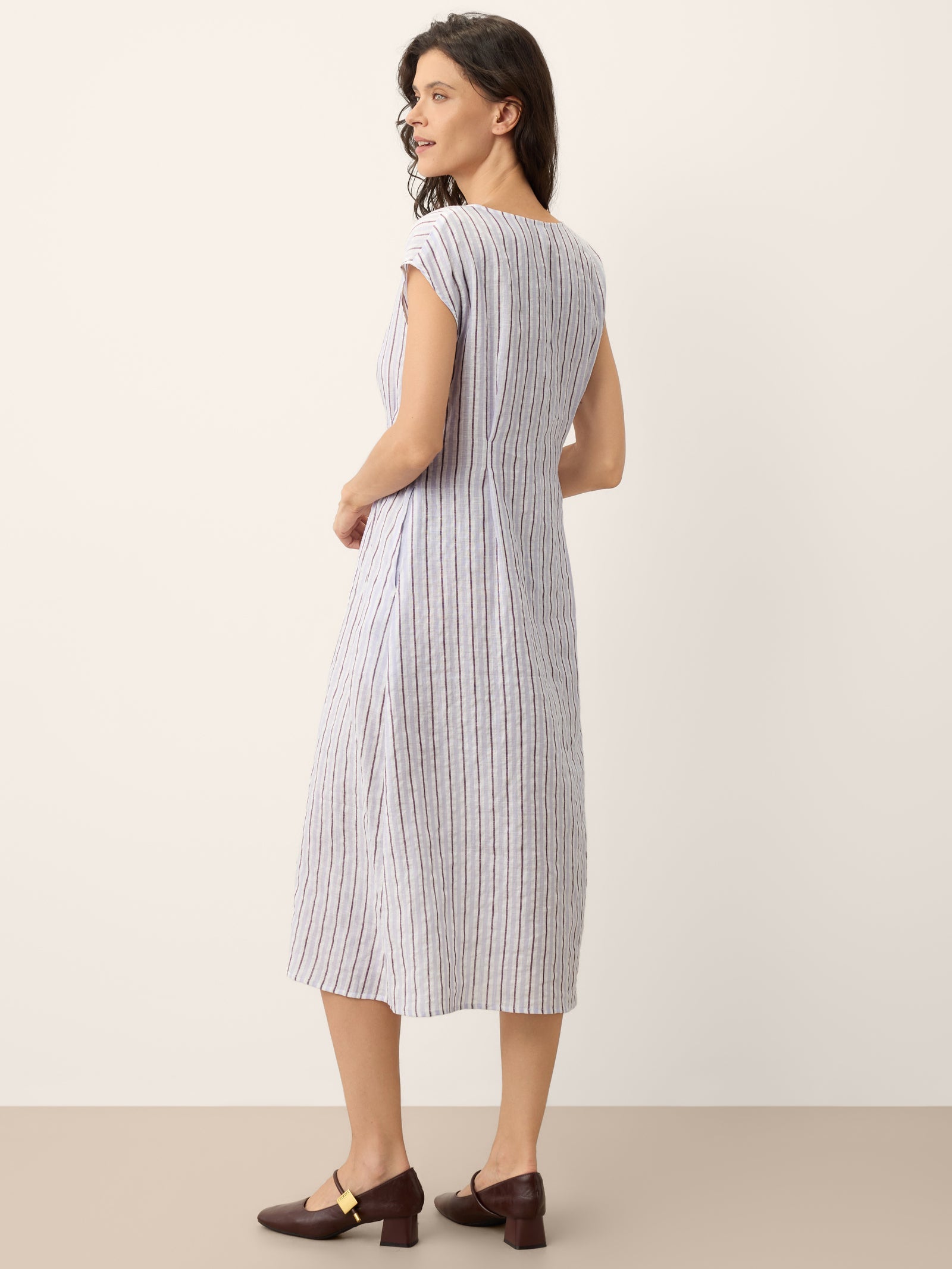 100% Linen Striped Tailored Cap Sleeve Maxi Dress AGNES