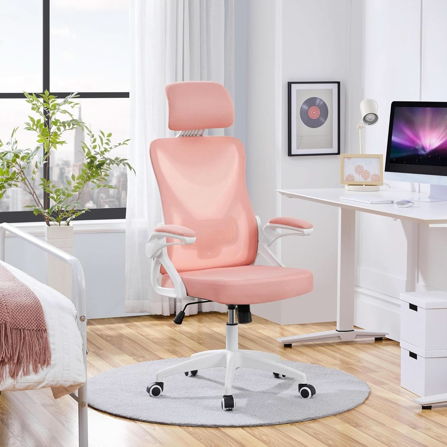 Silla de oficina ergonómica respaldo alto malla blanca rosa lumbar
