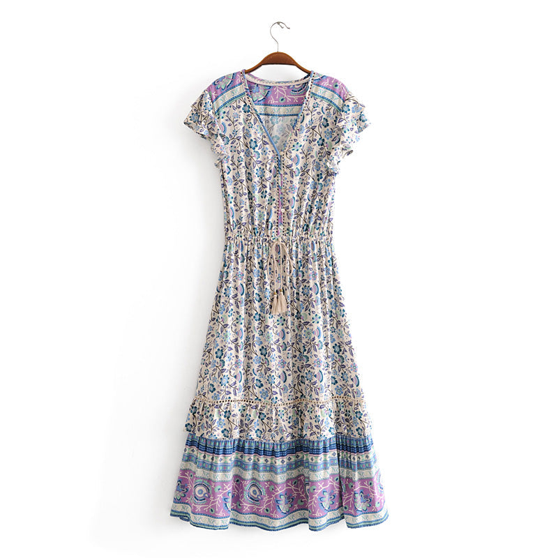 Retro Vacation Dress Printed Swing Super Fairy Lace up Waist V neck Floral Dress