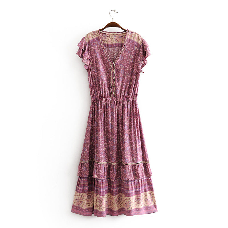 Retro Vacation Dress Printed Swing Super Fairy Lace up Waist V neck Floral Dress