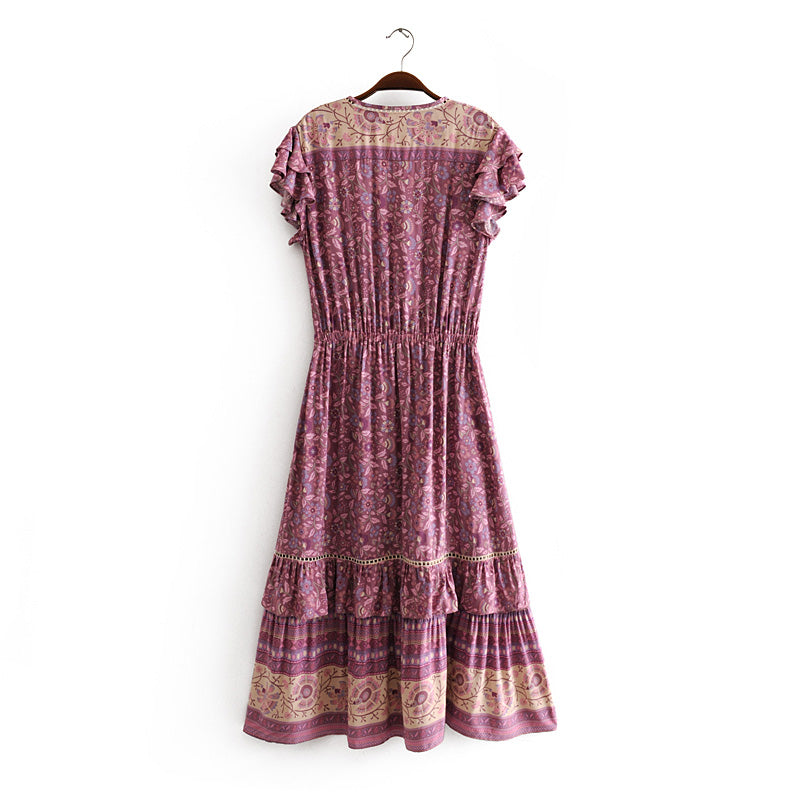 Retro Vacation Dress Printed Swing Super Fairy Lace up Waist V neck Floral Dress