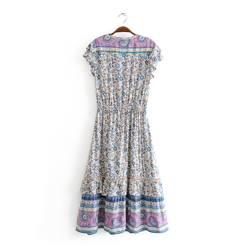 Retro Vacation Dress Printed Swing Super Fairy Lace up Waist V neck Floral Dress