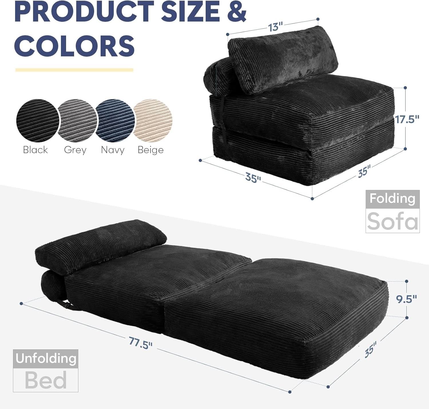 Sofá cama plegable convertible negro con almohada incluida