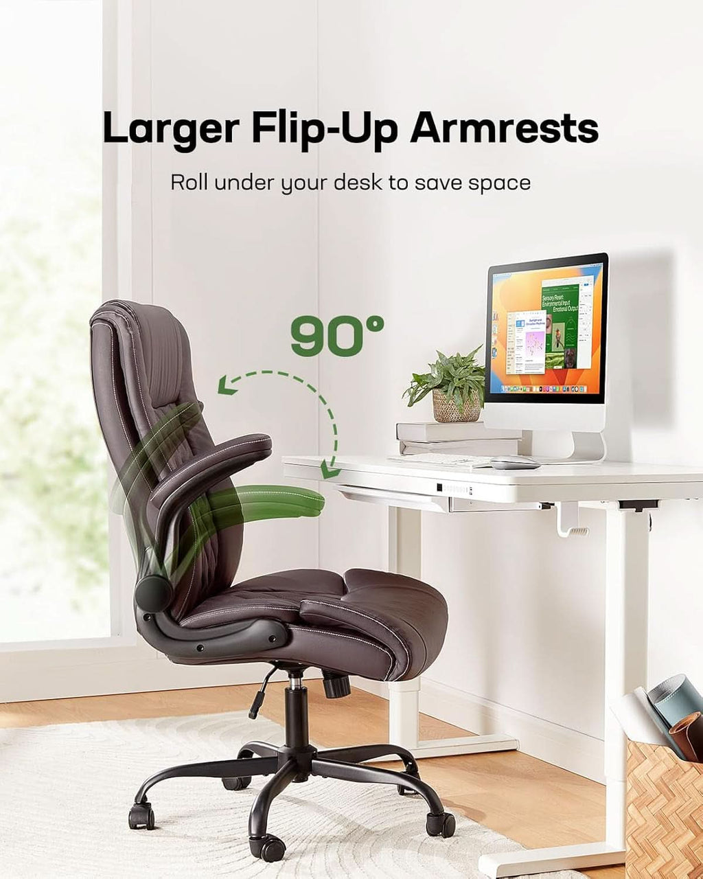 Sillón ejecutivo de oficina de cuero sintético con reposabrazos plegables