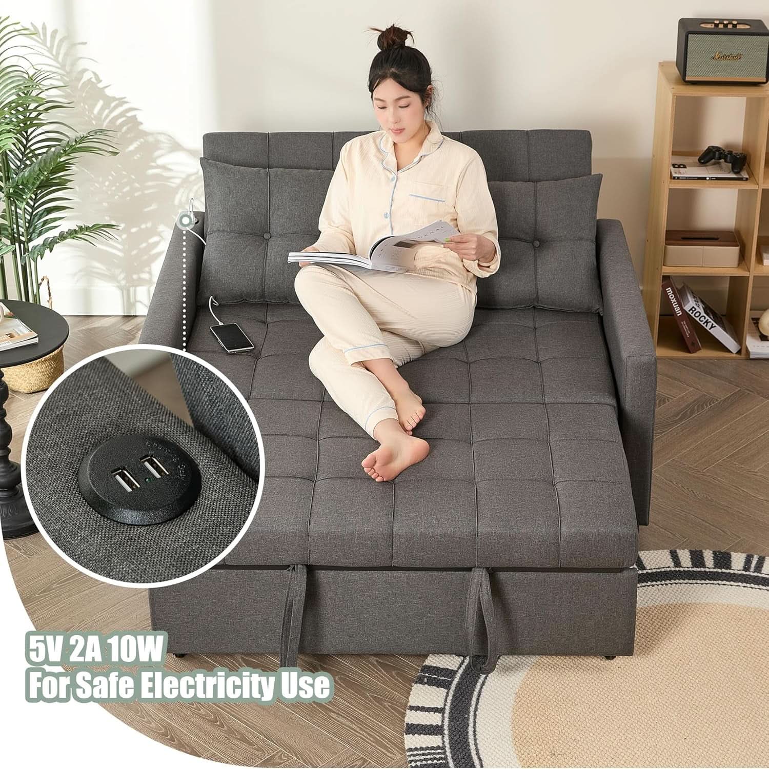 Sofá cama de 52 pulgadas con cama extraíble, tapizado en tela gris
